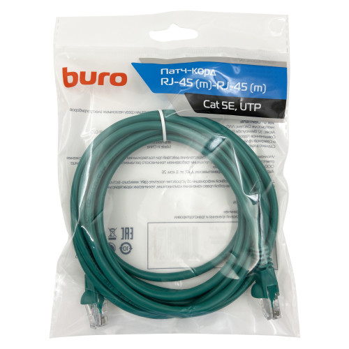 Патч-корд Buro UTP-5E-3M-GR UTP 4 пары cat.5E CCA molded 3м зеленый RJ-45 (m)-RJ-45 (m)