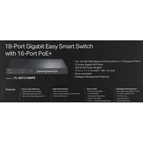 Коммутатор TP-Link TL-SG1218MPE (L2) 18x1Гбит/с 2xКомбо(1000BASE-T/SFP) 16PoE+ 192W управляемый