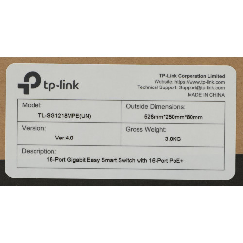 Коммутатор TP-Link TL-SG1218MPE (L2) 18x1Гбит/с 2xКомбо(1000BASE-T/SFP) 16PoE+ 192W управляемый