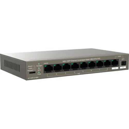 Коммутатор IP-Com G1110PF-8-102W (L2) 9x1Гбит/с 1xКомбо(1000BASE-T/SFP) 1SFP 8PoE 92W неуправляемый