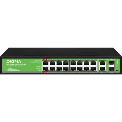 Коммутатор Digma DSP216G-2G-2S-R300 (L2) 18x1Гбит/с 2SFP 16PoE 16PoE+ 2PoE++ 300W неуправляемый