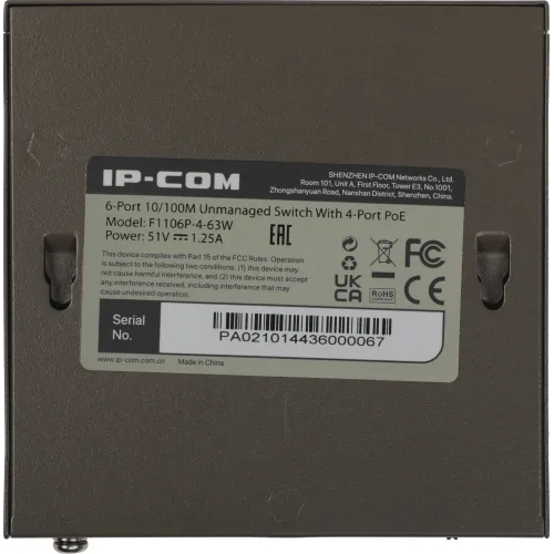 Коммутатор IP-Com F1106P-4-63W (L2) 6x100Мбит/с 4PoE 63W неуправляемый