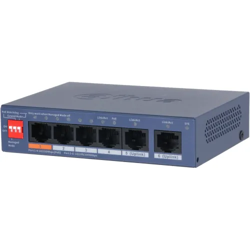 Коммутатор Dahua DH-CS4006-4ET2GT-60 (L2) 4x100Мбит/с 2x1Гбит/с 2xКомбо(1000BASE-T/SFP) 4PoE 60W управляемый