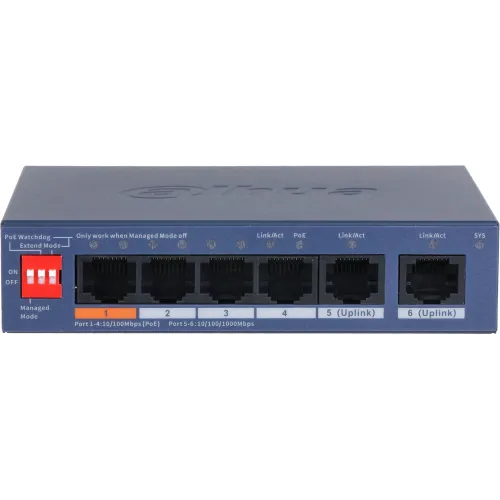 Коммутатор Dahua DH-CS4006-4ET2GT-60 (L2) 4x100Мбит/с 2x1Гбит/с 2xКомбо(1000BASE-T/SFP) 4PoE 60W управляемый