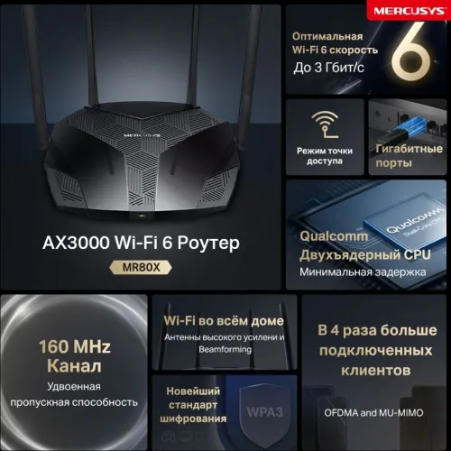 Роутер беспроводной Mercusys MR80X AX3000 10/100/1000BASE-TX черный