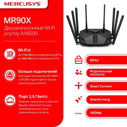 Роутер беспроводной Mercusys MR90X AX6000 100/1000/2500BASE-T черный