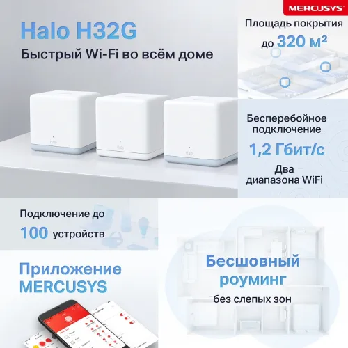 Бесшовный Mesh роутер Mercusys Halo H32G(3-pack) AC1200 100/1000/10000BASE-T белый (упак.:3шт)