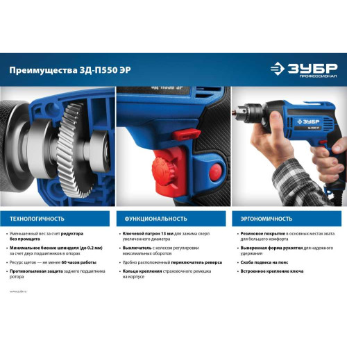 Дрель безударная Зубр ЗД-П550 ЭР 550Вт ключевой реверс