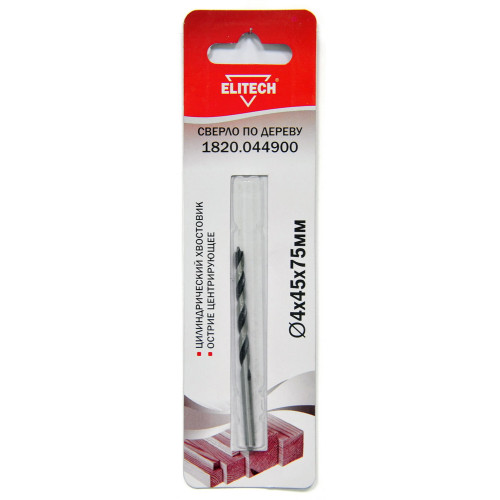 Сверло Elitech 1820.044900 по дереву Д=4мм Дл=75мм (1пред.) для дрелей