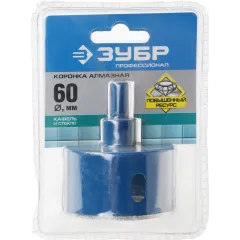 Коронка Зубр 29850-60 по каф/стекл Д=60мм (1пред.) для шуруповертов/дрелей