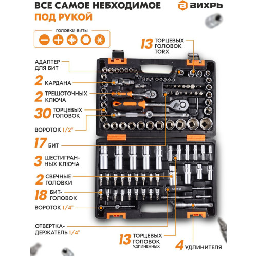Набор инструментов Вихрь 73/6/7/8 108 предметов (жесткий кейс)