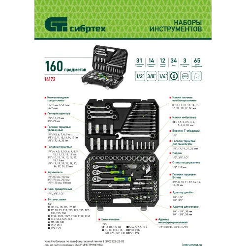 Набор инструментов Сибртех 14171 172 предмета (жесткий кейс)