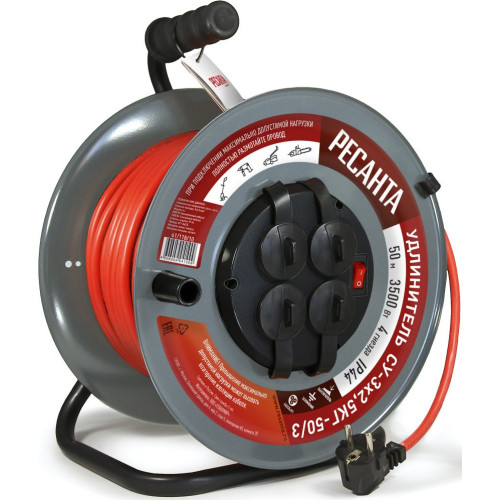 Удлинитель силовой Ресанта СУ-3х2,5КГ-50/3 (61/118/10) 3x2.5кв.мм 4розет. 50м КГ 16A метал.катушка красный