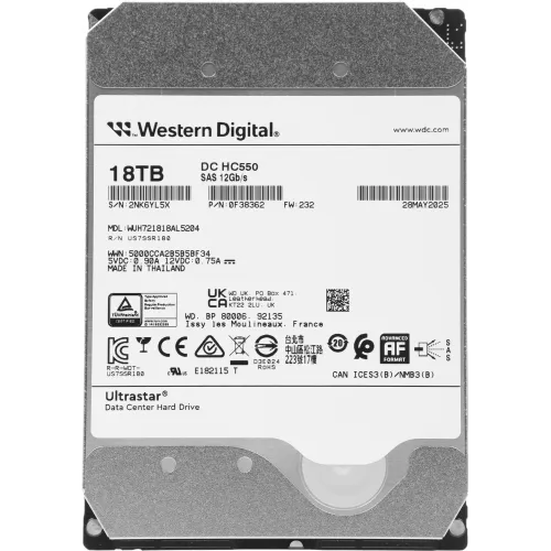 Жесткий диск WD SAS 3.0 18TB 0F38362 WUH721818AL5204 Server Ultrastar DC HC550 512E (7200rpm) 512Mb 3.5"
