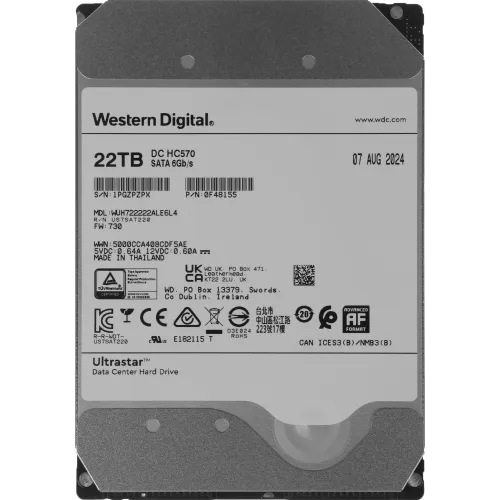 Жесткий диск WD SATA-III 22TB 0F48155 WUH722222ALE6L4 Server Ultrastar DC HC570 512E (7200rpm) 512Mb 3.5"