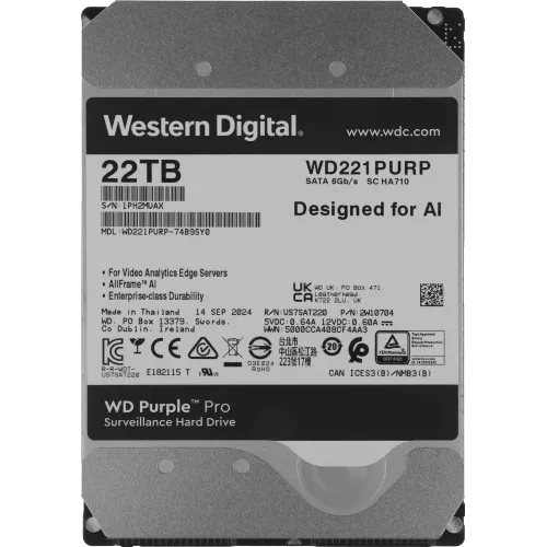 Жесткий диск WD SATA-III 22TB WD221PURP Surveillance Purple Pro (7200rpm) 512Mb 3.5"