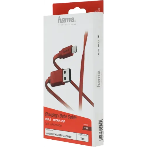 Кабель Hama 00187227 USB (m)-micro USB (m) 1м красный плоский