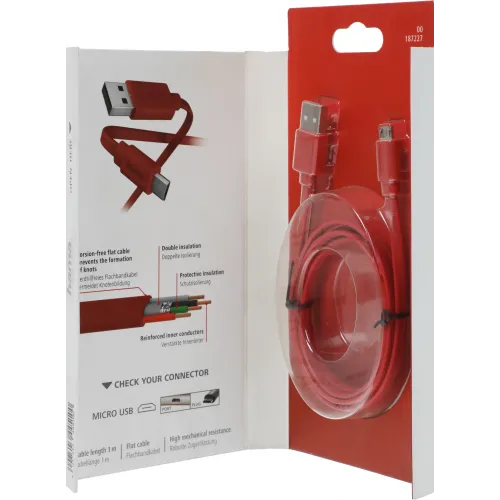 Кабель Hama 00187227 USB (m)-micro USB (m) 1м красный плоский