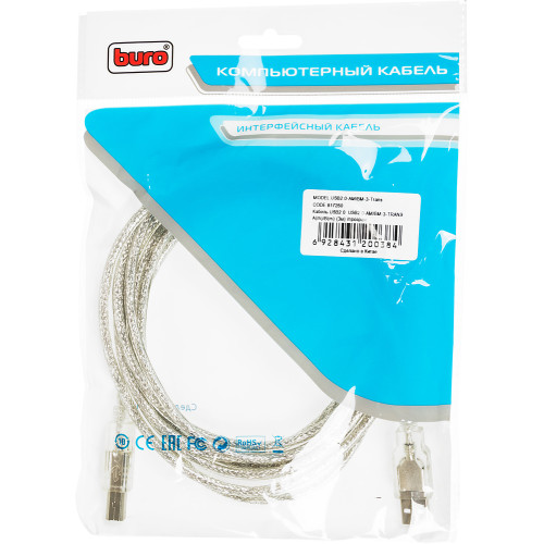 Кабель Buro USB2.0-AM/BM-3-TRANS USB A(m) USB B(m) 3м прозрачный