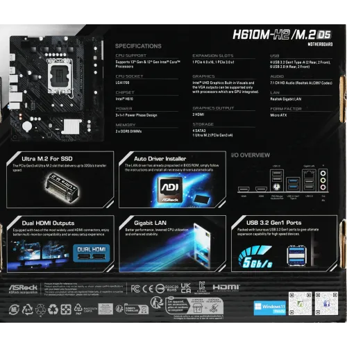 Материнская плата Asrock H610M-H2/M.2 D5 Soc-1700 Intel H610 2xDDR5 mATX AC`97 8ch(7.1) GbLAN+HDMI