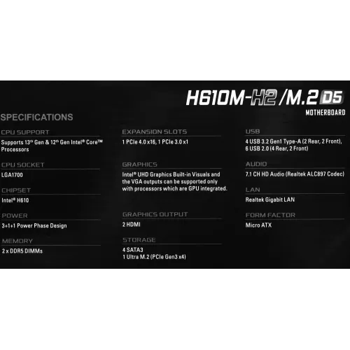 Материнская плата Asrock H610M-H2/M.2 D5 Soc-1700 Intel H610 2xDDR5 mATX AC`97 8ch(7.1) GbLAN+HDMI