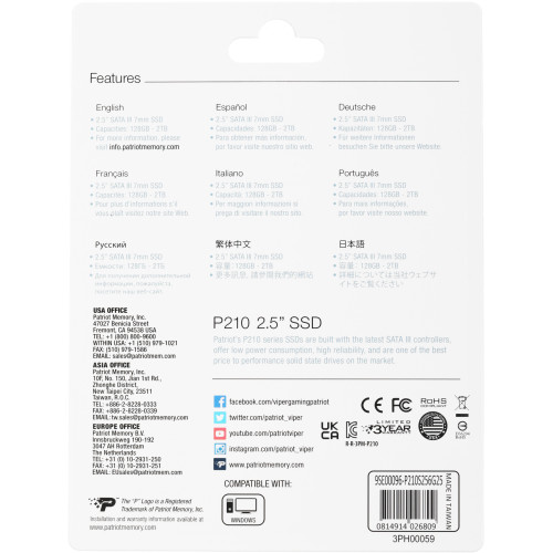 Накопитель SSD Patriot SATA-III 256GB P210S256G25 P210 2.5"