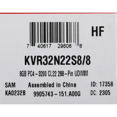 Память DDR4 8Gb 3200MHz Kingston KVR32N22S8/8 VALUERAM RTL PC4-25600 CL22 DIMM 288-pin 1.2В single rank Ret