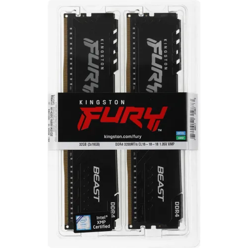 Память DDR4 2x16Gb 3200MHz Kingston KF432C16BB1K2/32 Fury Beast RTL Gaming PC4-25600 CL16 DIMM 288-pin 1.35В dual rank с радиатором Ret