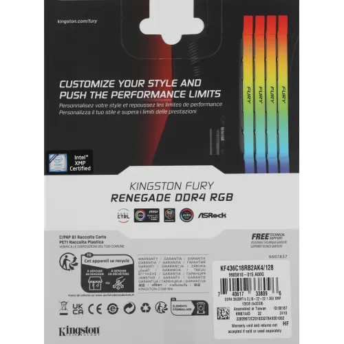 Память DDR4 4x32GB 3600MHz Kingston KF436C18RB2AK4/128 Fury Renegade RGB RTL Gaming PC4-28800 CL18 DIMM 288-pin 1.35В dual rank с радиатором Ret