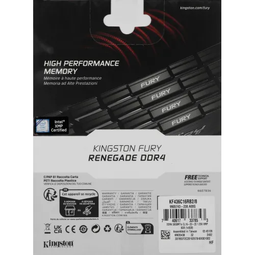 Память DDR4 8GB 3600MHz Kingston KF436C16RB2/8 Fury Renegade Black RTL Gaming PC4-28800 CL16 DIMM 288-pin 1.35В dual rank с радиатором Ret