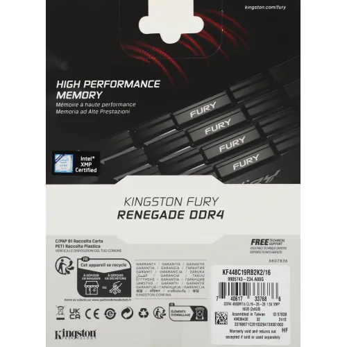 Память DDR4 2x8GB 4800MHz Kingston KF448C19RB2K2/16 Fury Renegade Black RTL Gaming PC4-38400 CL19 DIMM 288-pin 1.5В kit single rank с радиатором Ret