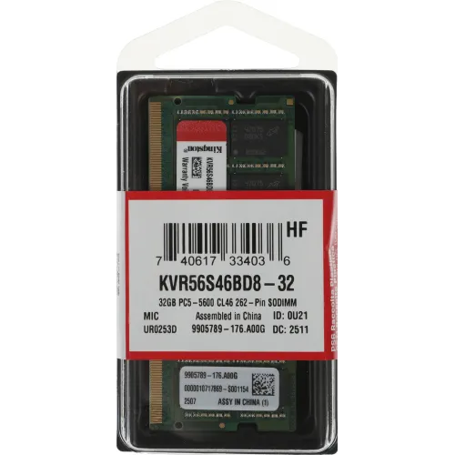 Память DDR5 32GB 5600MHz Kingston KVR56S46BD8-32 VALUERAM RTL PC5-44800 CL46 SO-DIMM 262-pin 1.1В single rank Ret
