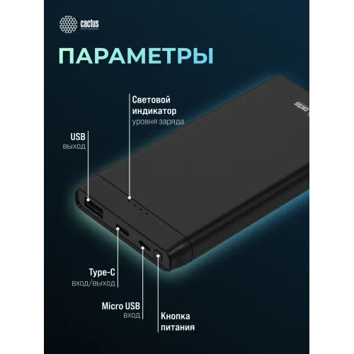 Мобильный аккумулятор Cactus CS-PBFSFT-10000 10000mAh 10.5W 2.1A 2xUSB-A черный