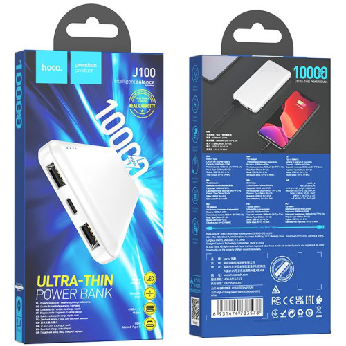Мобильный аккумулятор Hoco J100 High-ranking 10000mAh 2.1A 2xUSB-A белый (J100 HIGH-RANKING WHITE)
