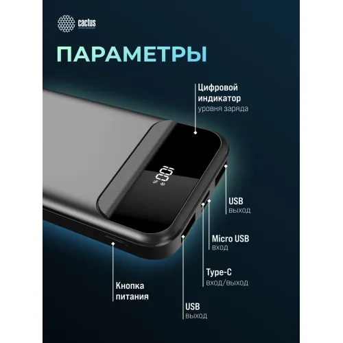 Мобильный аккумулятор Cactus CS-PBFSCA-10000 10000mAh 22.5W 4.5A 2xUSB-A/USB-C черный