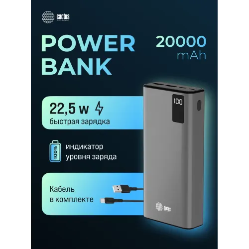 Мобильный аккумулятор Cactus CS-PBFSFA-20000 20000mAh 22.5W 4.5A 2xUSB-A/USB-C серый