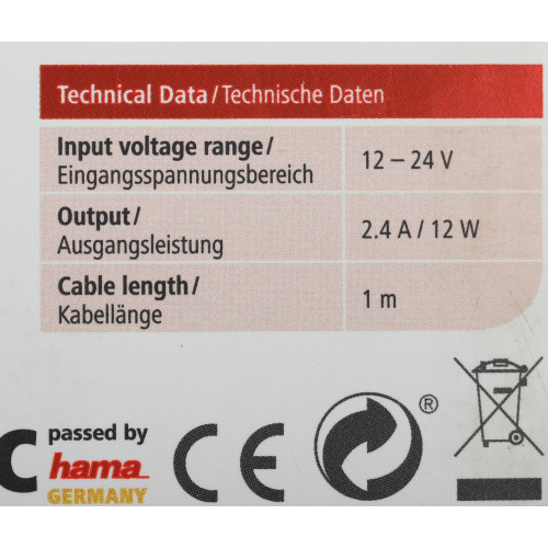 Автомобильное зар./устр. Hama H-183266 12W 2.4A USB для Apple белый (00183266)