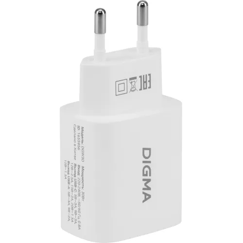 Сетевое зар./устр. Digma DGW3D 30W 3A (PD+QC) USB-C/USB-A универсальное белый (DGW3D0F110WH)