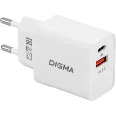 Сетевое зар./устр. Digma DGW2D 20W 3A+1A (PD+QC) USB-C/USB-A универсальное белый (DGW2D0F110WH)