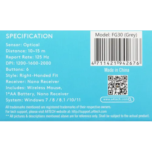 Мышь A4Tech Fstyler FG30 серый оптическая 2000dpi беспров. USB 6but (FG30 GREY)