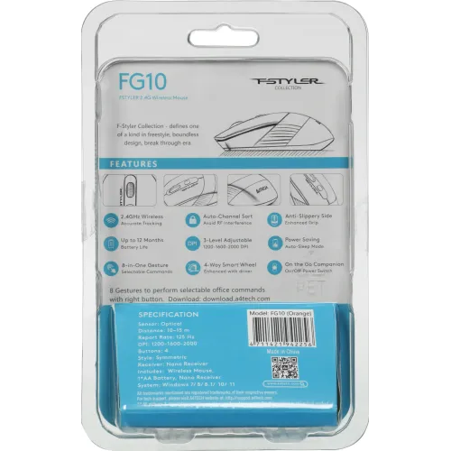 Мышь A4Tech Fstyler FG10 черный/оранжевый оптическая 2000dpi беспров. USB 4but (FG10 ORANGE)