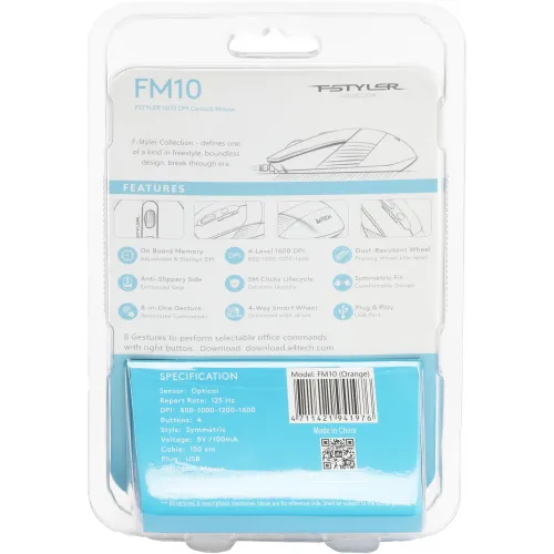 Мышь A4Tech Fstyler FM10 черный/оранжевый оптическая 1600dpi USB 4but (FM10 ORANGE)