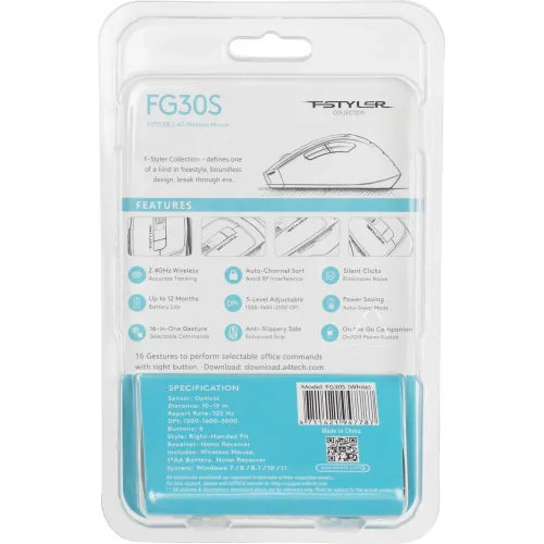 Мышь A4Tech Fstyler FG30S белый/серый оптическая 2000dpi silent беспров. USB 6but (FG30S WHITE)
