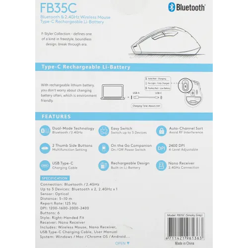Мышь A4Tech Fstyler FB35C серый/черный оптическая 2000dpi беспров. BT/Radio USB 6but (FB35C SMOKY GREY)