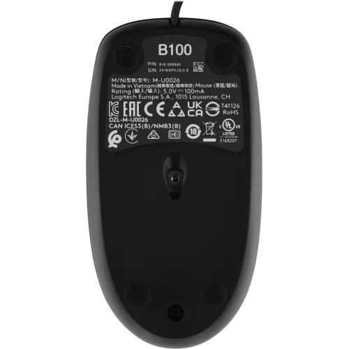 Мышь Logitech B100 черный оптическая 1000dpi USB 2but (910-006605)