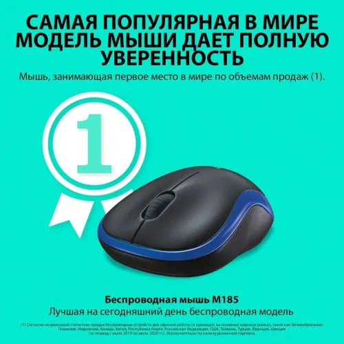 Мышь Logitech M185 черный/синий оптическая 1000dpi беспров. USB для ноутбука 2but (910-002632)