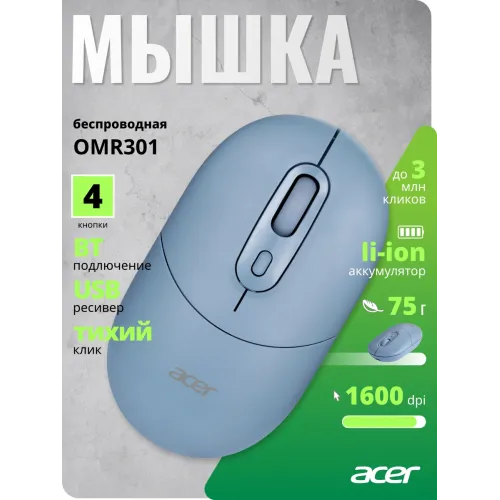 Мышь Acer OMR301 синий оптическая 1600dpi беспров. BT/Radio USB 4but (ZL.MCECC.01S)