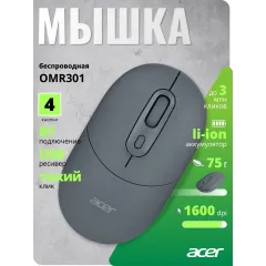 Мышь Acer OMR301 черный оптическая 1600dpi беспров. BT/Radio USB 4but (ZL.MCECC.01T)