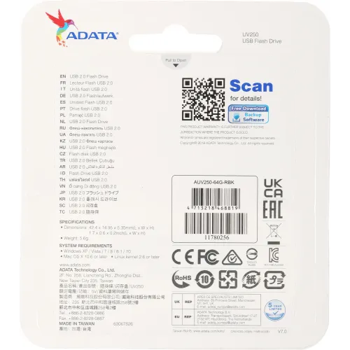 Флеш Диск A-Data 64Gb UV250 AUV250-64G-RBK USB2.0 серебристый