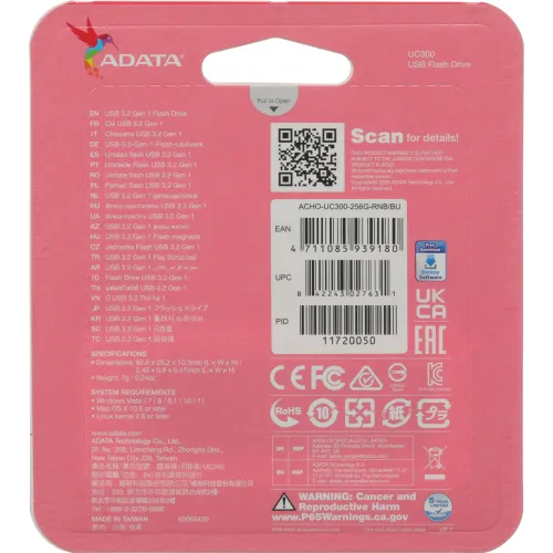 Флеш Диск A-Data 256GB Type-C UC300 ACHO-UC300-256G-RNB/BU USB3.2 синий/голубой